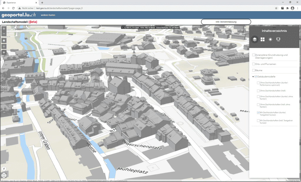 Abbil­dung 5: Bei­spiel einer Web­GIS Anwen­dung dem Land­schafts­mo­dell. Dar­in sind die 3D Gebäu­de mit Dachland­schaf­ten ein­ge­bun­den (Daten­satz ist noch in Bear­bei­tung)