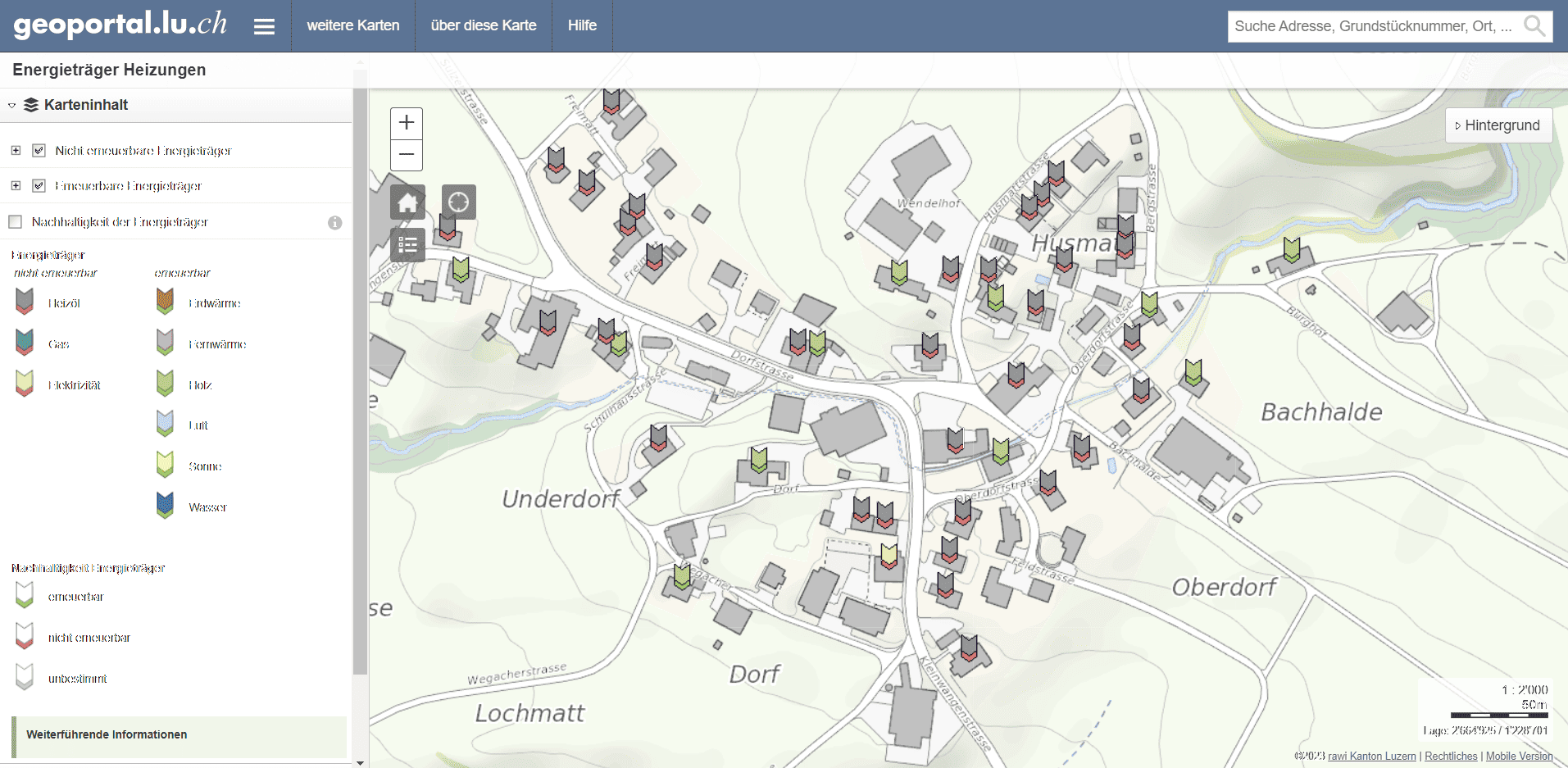 Abbil­dung 6: Web­kar­te "Ener­gie­trä­ger Hei­zun­gen" mit Aus­schnitt Lie­li LU