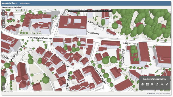 Abb.1: Web­an­wen­dung 3D-Land­schafts­mo­dell (Beta) mit Aus­schnitt Zen­trum Kri­ens.