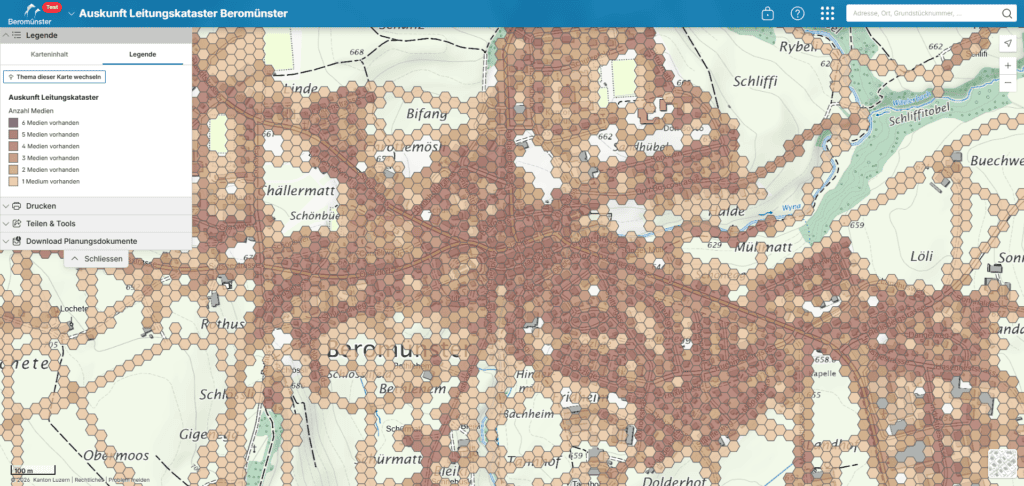 Leitungskataster und Testversion der Webkarte «Auskunft Leitungskataster» (Beispiel Gemeinde Beromünster)